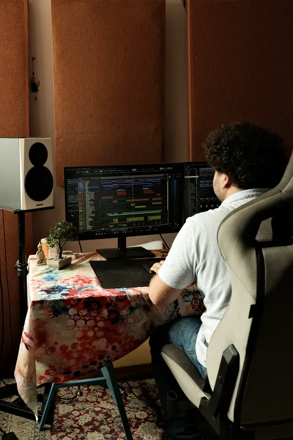 Andreas at the mixing desk in his studio