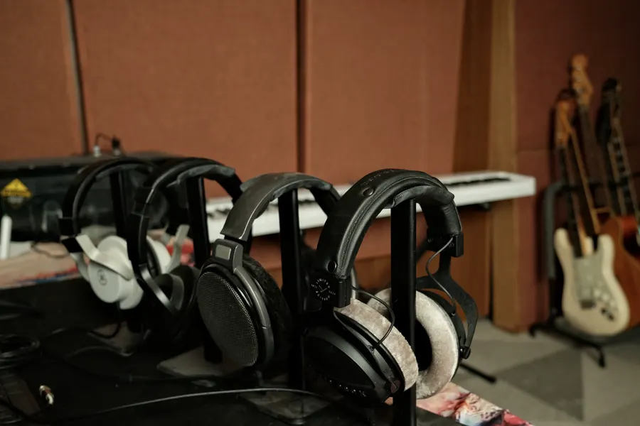 Studio headphones on stands